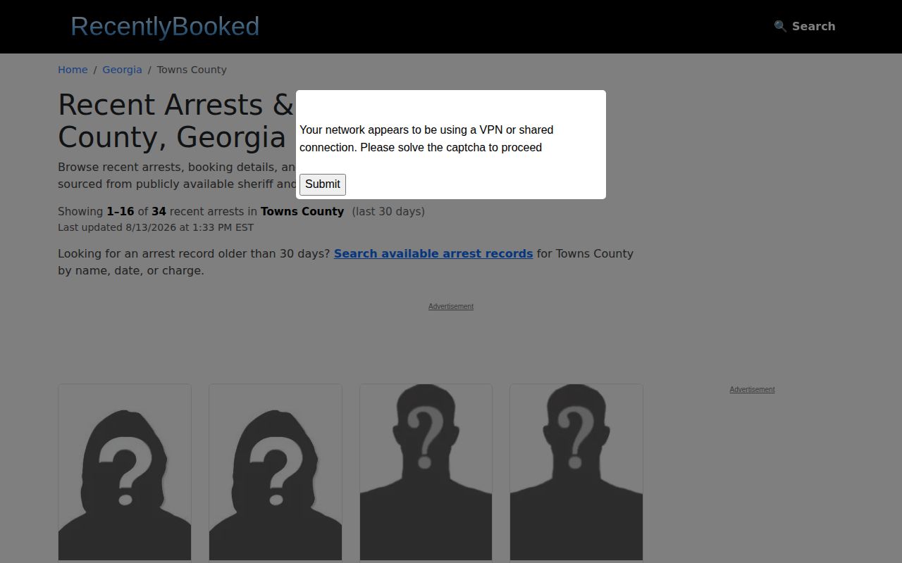 RecentlyBooked unofficial Towns County arrest page