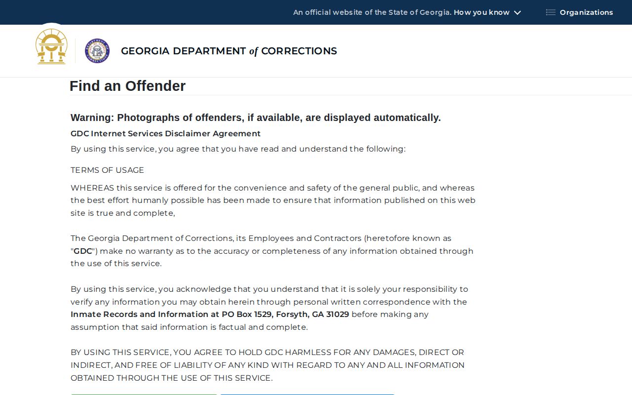 Towns County Georgia Department of Corrections offender search and available photo notice