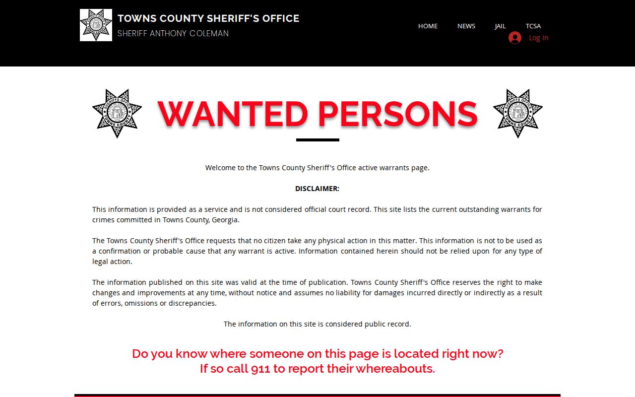 Towns County Sheriff's Office wanted page disclaimer and warrant information