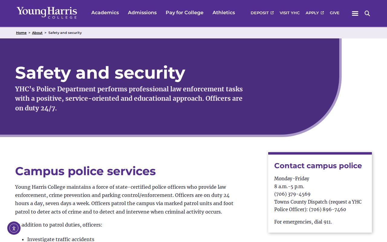 Young Harris College Police campus arrest records and safety information
